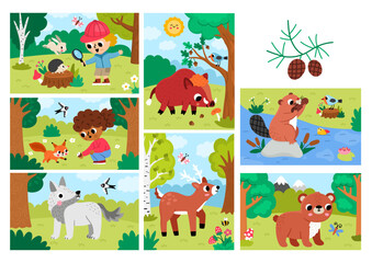 Obraz premium Cartoon forest animals backgrounds set. Colored woodland nature horizontal, vertical landscapes with trees, plants, bear, deer, wolf, kids explorers. Wildlife scenes with beaver, stream, squirrel