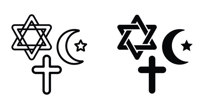 Religious symbols set including Christian cross Islamic crescent star and Jewish star of David in outline and solid black styles