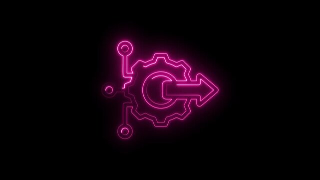 Neon pink glowing gear with circuit connections and forward arrow icon symbolizing technology