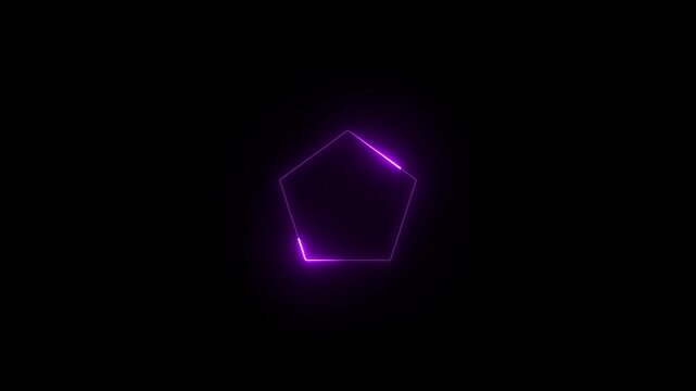 Vibrant purple neon pentagon shape glowing light trace effect on black screen. 4k 25fps