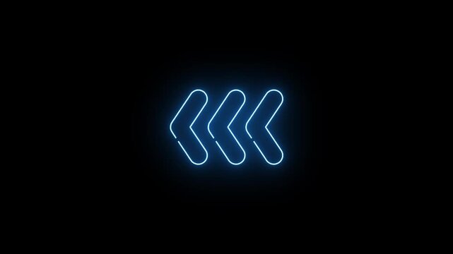 Glowing blue neon triple chevron backward arrow indicator on black background 4k