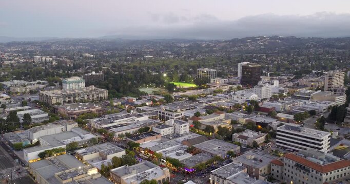 San Mateo California - Ariel View of Downtown San Mateo at Sunset / Dusk Facing SouthWest 