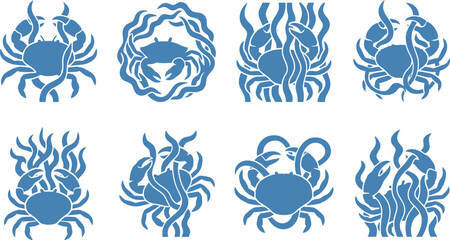 Blue Crab and Seaweed Silhouette Vector Icon Set for Seafood Restaurant Branding, Marine Education & Coastal Graphic Design (EPS) © Muhammad