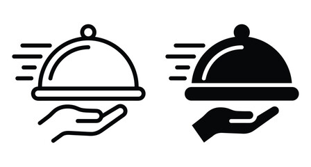 Fototapeta premium Fast food delivery service icon set showing hand holding cloche with motion lines for restaurant catering and express meal shipping