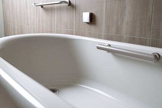 Clean white bathtub with brushed metal grab bars and tiled wall