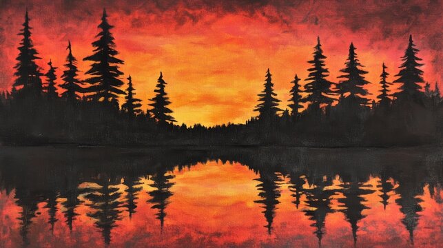 Fiery sunset reflected in calm lake water, silhouetted pine trees.