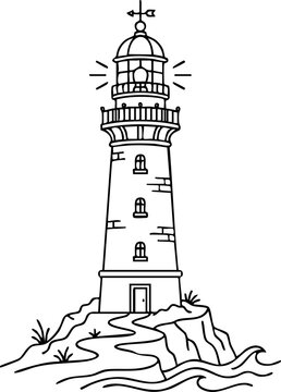 Lighthouse on coastal island line drawing illustration with lighthouse nautical navigation