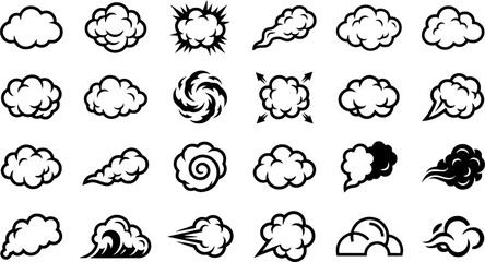 Fototapeta premium Smoke Cloud, Dust Puff and Cartoon Explosion Silhouette Icon Set with Steam, Blast and Motion Effects