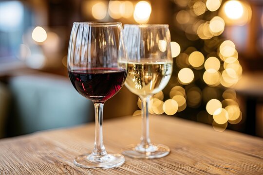 Two wine glasses, one with red, one with white, with blurred festive lights