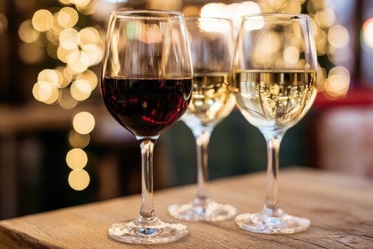 Three wine glasses, red and white, with soft, bokeh lights in background