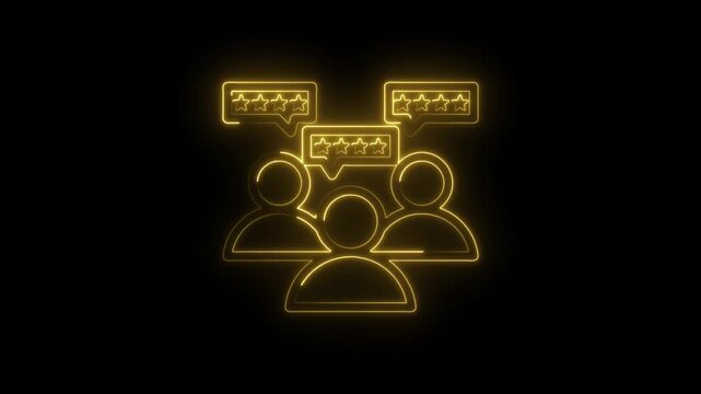 Neon glowing user group icon with star ratings in speech bubbles representing customer feedback