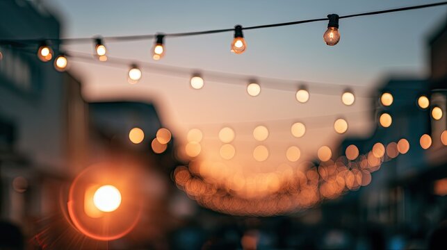 Soft glow of string lights illuminates a twilight street