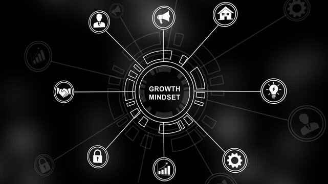 Dynamic growth mindset concept infographic featuring interconnected digital for corporate strategy, development, business innovation, success planning, and modern leadership visualization