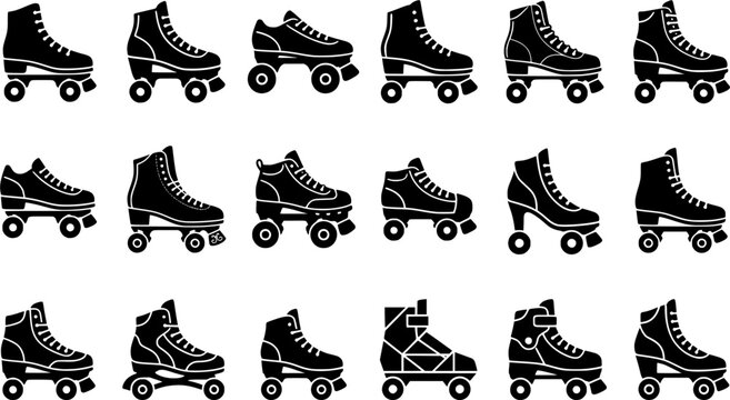 Roller Skate and Inline Skate Silhouette Icon Set with Classic Quad, Retro and Modern Boot Designs