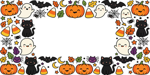 Fototapeta premium Cute halloween doodle border frame with pumpkins ghosts cats bats and candy corn halloween seasonal illustration template invitation decoration handdrawn background celebration trickortreat