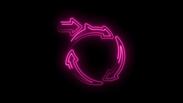 Neon pink circular arrows glowing on black background representing cycle repeat refresh icon