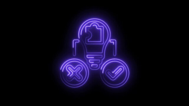 Neon light bulb puzzle piece idea checkmark cross symbol abstract concept glowing on black... icon