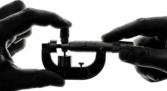 Close-up of hands precisely measuring with a micrometer tool, highlighting accuracy and detail.