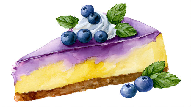 Watercolor illustration of a slice of blueberry cheesecake with fresh berries and mint leaves, isolated on white background