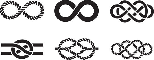 Six nautical rope knot vector icons, black and white illustrations showing detailed knot types, perfect for maritime education, sailing projects, nautical-themed designs, instructional diagrams,  ©   