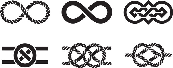 Six nautical rope knot vector icons, black and white illustrations showing detailed knot types, perfect for maritime education, sailing projects, nautical-themed designs, instructional diagrams,  ©   