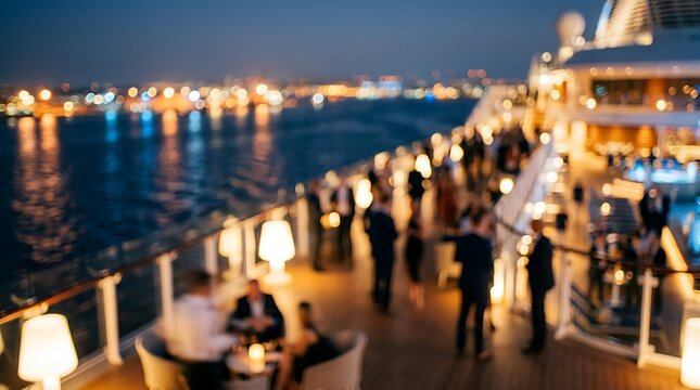Blurry cruise ship deck at night, blurred passengers socializing luxury ocean liner sunset