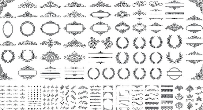 Massive bundle of vintage laurel wreaths calligraphic text frames elegant dividers botanical elements and ornate corner borders collection