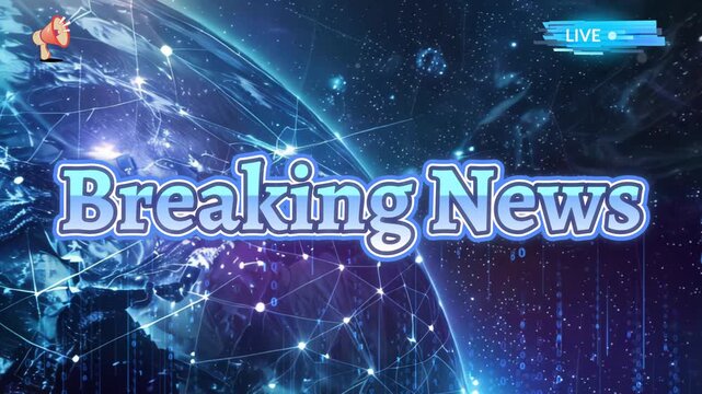 Breaking news graphic overlay displays over a digital globe with interconnected data nodes and glowing lines.