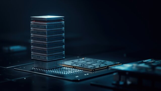 Futuristic processor chip stack on a motherboard with glowing blue lights