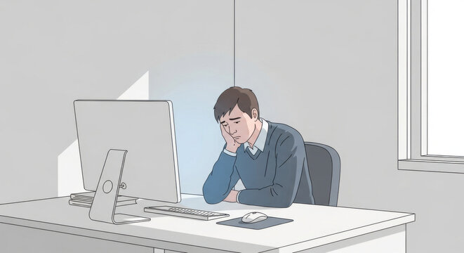 Man Feeling Bored And Tired At His Office Desk With Computer