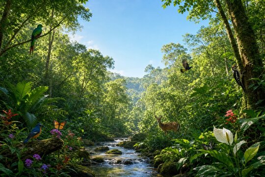 Serene forest landscape with wildlife and flowing stream