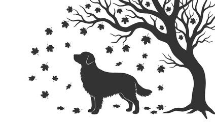 Dog standing under large tree with falling autumn leaves in black silhouette style