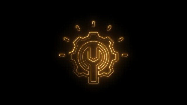 Glowing neon gear with wrench inside symbolizing innovation engineering mechanics and icon