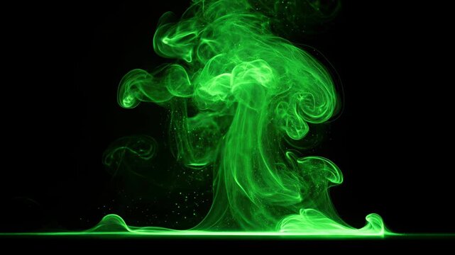 Slow motion footage of abstract green smoke swirling and rising against a pitch black background, creating glowing fluid patterns and ethereal cinematic magic.