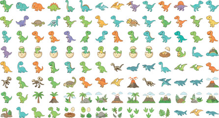 Massive bundle of cute cartoon dinosaur characters hatching baby dino eggs fossil skeletons footprints and erupting prehistoric volcanoes © MdJamanur