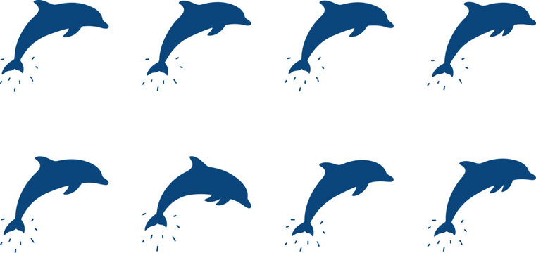 Blue Jumping Dolphin Silhouette Vector Icon Set for Marine Conservation Projects, Educational Materials & Summer Vacation Branding (EPS)