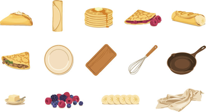 Assorted pancake and crepe icons with berries and kitchen utensils in a flat vector style for breakfast menus