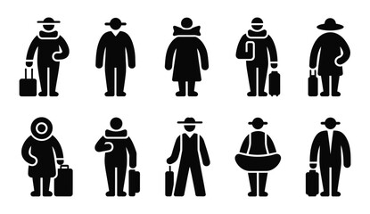 Obraz premium Traveler silhouette icon set holding luggage wearing warm winter coat