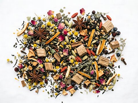Assorted Loose Tea Leaves with Herbs Fruits Spices and Oak Chunks Isolated on White Background