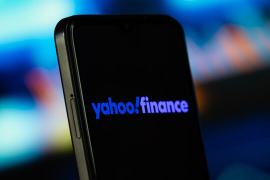 Sunnyvale, United States- 8 July 2026: Yahoo! Finance logo is seen on a smartphone.