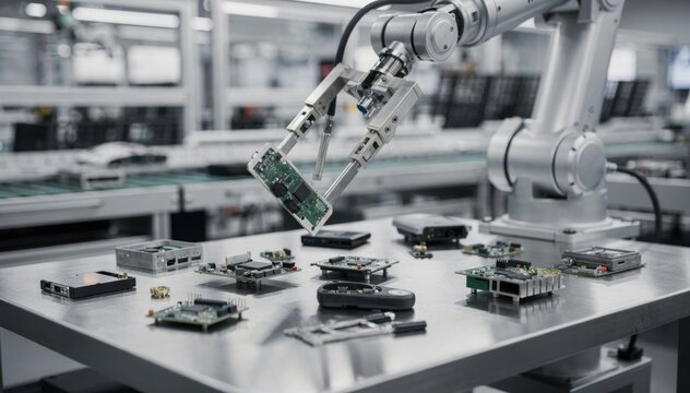 Automated standalone robot arm handling irregularly shaped nonstandard electronic parts showcasing advanced flexibility and adaptability in production processes.