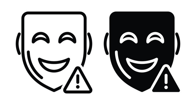 Happy theater mask with warning exclamation mark symbol representing fake emotions mental health awareness hidden depression and social anxiety icons