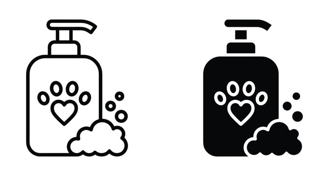 Pet shampoo bottle icon set featuring paw print heart and soap bubbles for animal grooming hygiene veterinary care services and washing