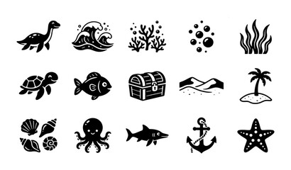 Minimalist ocean icon set, 15 black sea life vector elements, nautical marine symbols for summer beach branding and aquatic graphic design © RiYad