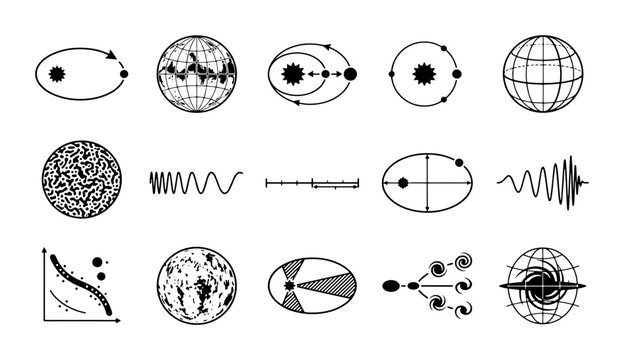 Minimalist astronomy icons set, black and white space science vector elements, planetary orbits and cosmic physics diagrams for educational design