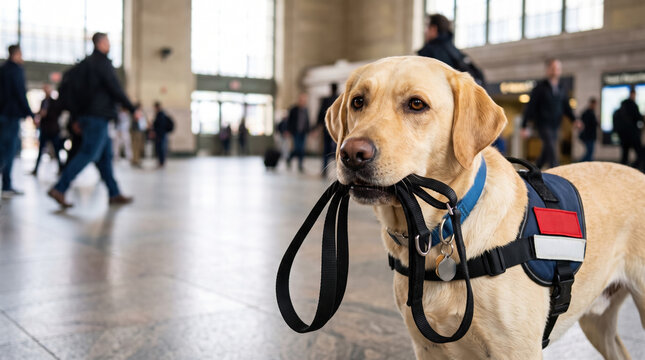 Service dog carrying leash in busy train station. Friendly labrador retriever holds leash in mouth while surrounded by commuters.
