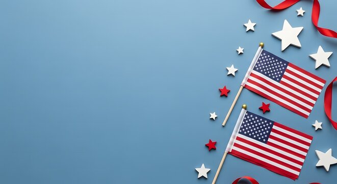 Two American flags with stars and ribbons on a blue background.