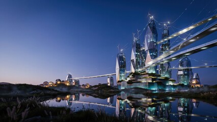 Obraz premium Stunning futuristic city architecture with glowing elevated walkways at dusk time