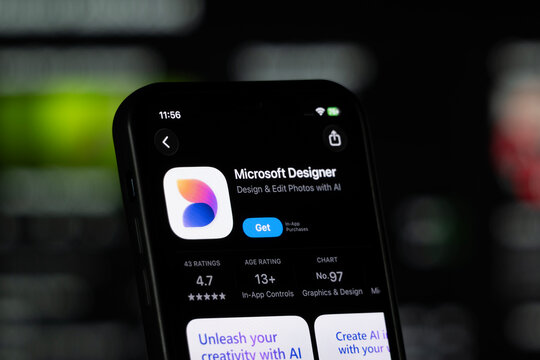 San Francisco, United States - 11 July 2026: App Store page of the Microsoft Designer app is seen on a smartphone screen.