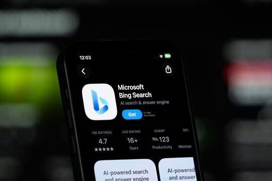 San Francisco, United States - 11 July 2026: App Store page of the Microsoft Bing app is seen on a smartphone screen.